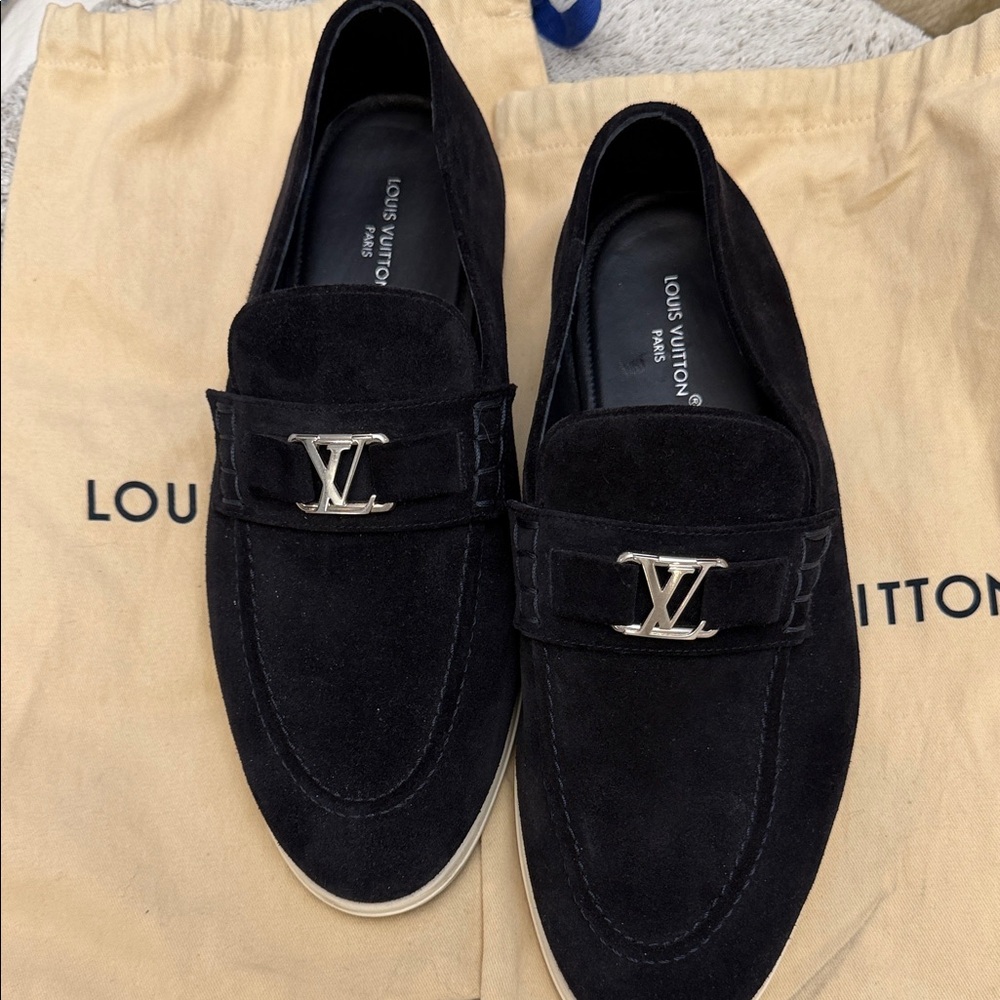 Louis Vuitton Black Suede Slip-On Loafers